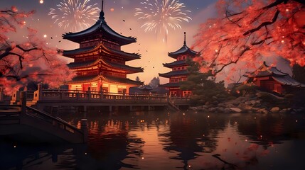 Fototapeta premium Serene Night in a Japanese Pagoda with Fireworks