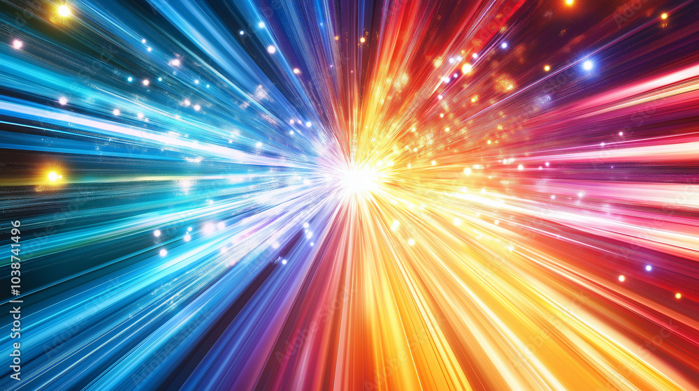 Poster an abstract scene with vibrant, colorful beams of light radiating outward from a central point. the 