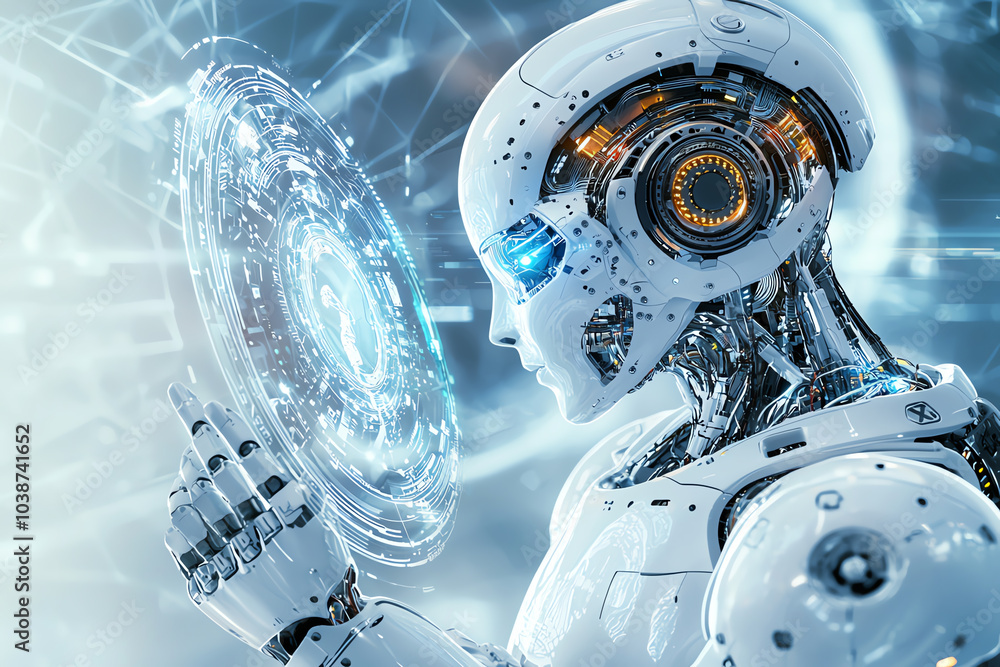 Aufkleber futuristic interaction a humanoid robot engaging with a holographic screen in a cutting-edge technol
