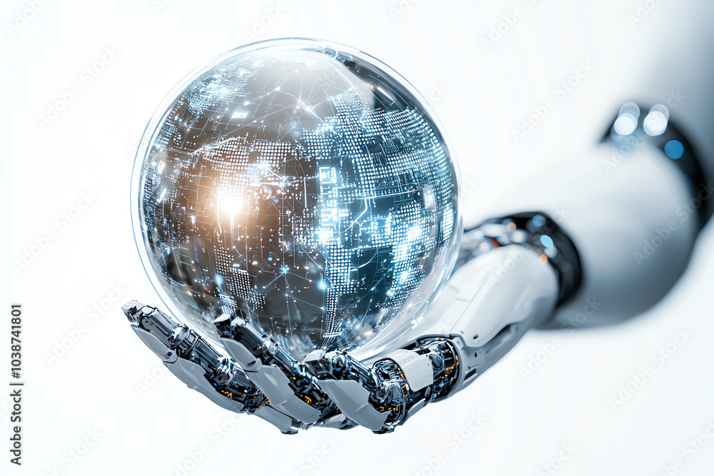 Poster futuristic robotic hand grasping a digital globe representing advanced technology and global connect