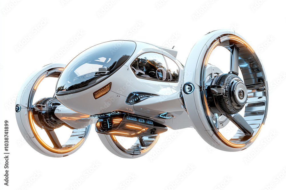 Poster futuristic sleek autonomous flying car design with metallic finish and advanced aerodynamics in a sc