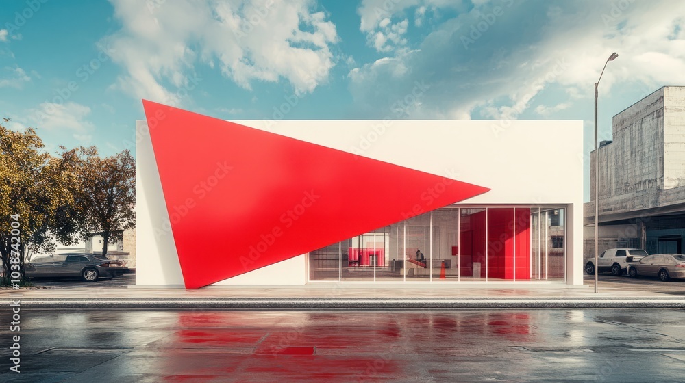 Poster a red and white building with a red triangle on it