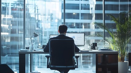 Fototapeta premium A businessman working at his desk in a modern office, looking out of the window towards a cityscape.