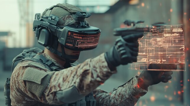 A soldier using virtual reality technology with a digital interface in a futuristic military setting.