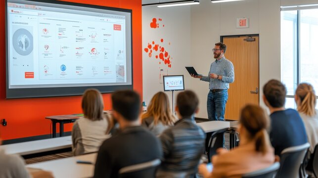 A speaker engages the audience while presenting a digital marketing plan using a large screen in a contemporary classroom
