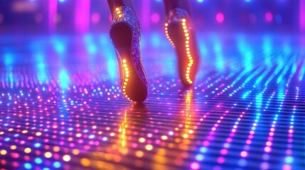 Disco dance floor pulsating with neon lights closeup of dancers leg 