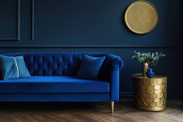 Luxurious blue velvet sofa with decorative pillows against dark wall, complemented by stylish gold side table and vase of greenery, creating elegant living space
