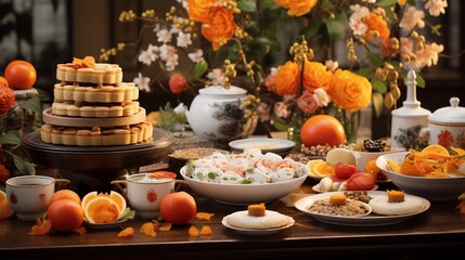 Elegant Display of Gourmet Asian Cuisine and Flowers