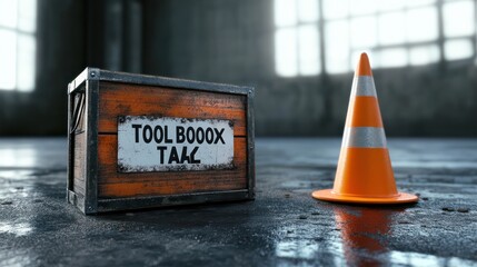 A wooden metal style toolbox with word text phrase "TOOLBOX TALK' sitting on a floor next to an orange safety cone.