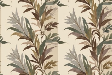 A luxury Japanese style seamless tile with exotic leaves pattern in light and dark brown. Continuous summer hawaiian fabrics background. Graphic foliage ornament pattern. Backdrop, fabric painting.