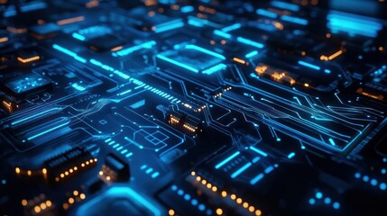 Abstract blue circuit board background with glowing lights, representing technology, innovation, connection, data, and digital world.