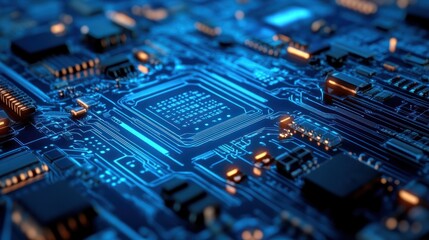 abstract blue circuit board with glowing lights technology background