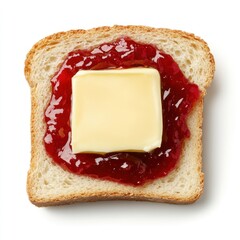 A slice of bread topped with jelly and a pat of butter.