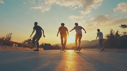 Silhouettes of four young skateboarders cruising down a road at sunset.