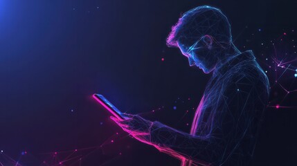 Obraz premium Abstract digital businessman with tablet uses chatbot app. Concept of Artificial Intelligence and technology innovation in the modern business world. Futuristic low poly wireframe