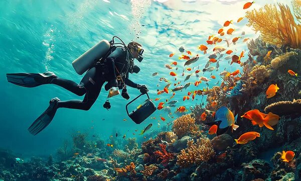 A man is diving in the ocean with a lot of fish around him. The fish are colorful and the ocean is clear