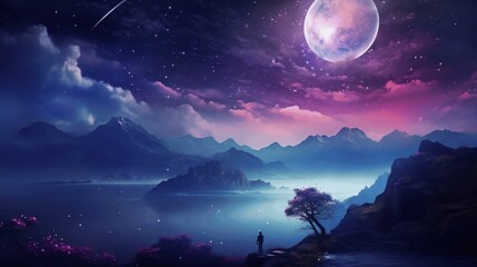 Fototapeta premium Enchanted Night Landscape with Moon and Mountains