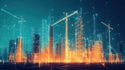 Fototapeta premium Futuristic construction scene with cranes and digital overlays representing urban development.
