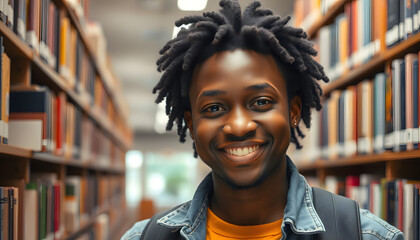 Portrait of happy black student in library looking at camera isolated with white highlights, png