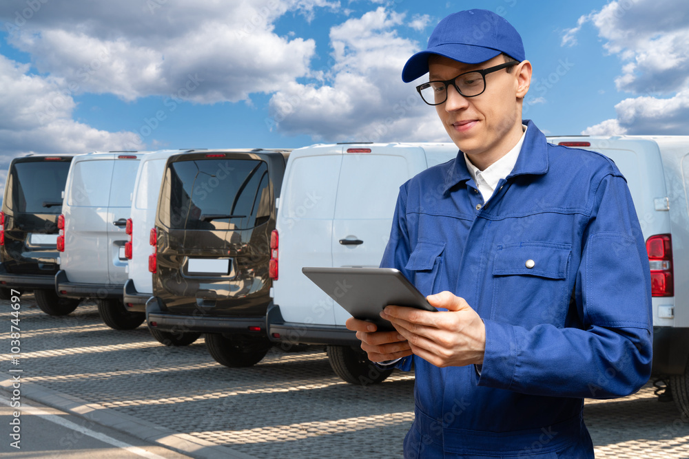 Poster manager with a digital tablet on the background of vans. fleet management.