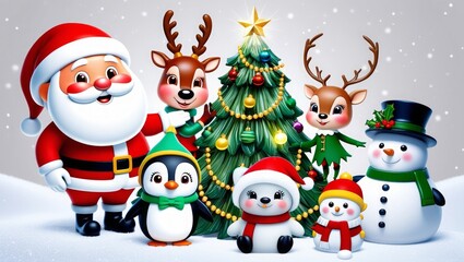 Naklejka premium Funny Christmas winter Animal Cartoon Background, Merry Christmas and happy new year Background