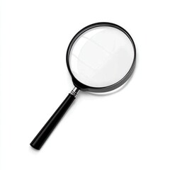 A black-handled magnifying glass with a clear lens, used for magnification and inspection.
