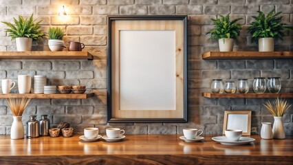 Coffee setup with empty white frame on brick wall and wooden shelves in modern cafe interior