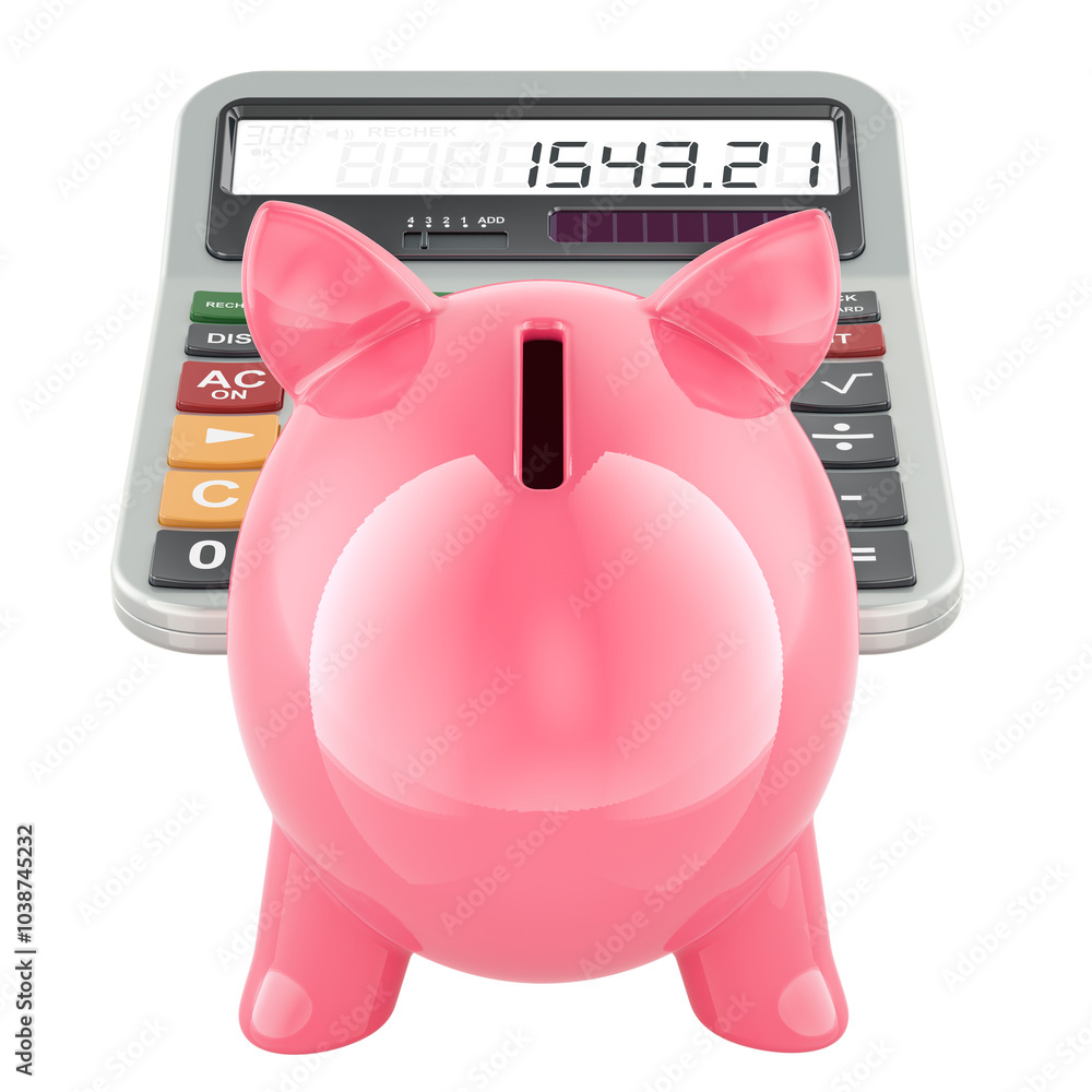 Poster calculator with piggy bank. savings concept. 3d rendering isolated on transparent background