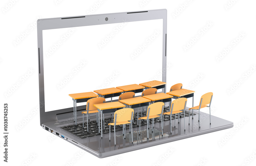 Poster laptop with school desks and transparent screen. online learning, concept. 3d rendering isolated on 