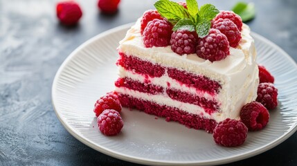 A delicious slice of raspberry cake topped with fresh raspberries and mint leaves.