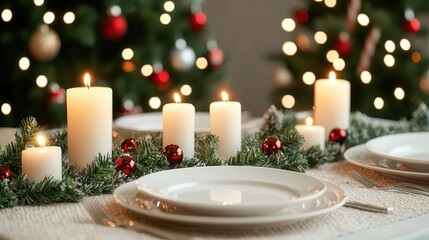 A festive dining table adorned with white candles, greenery, and elegant plates, set against twinkling Christmas trees.