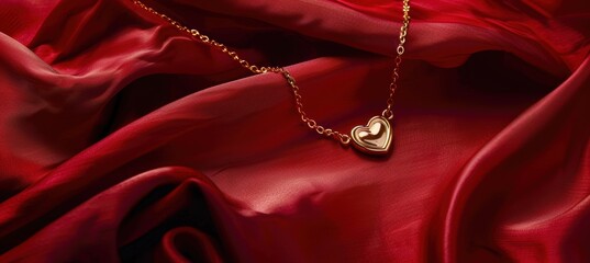 Elegant Valentine's Day Banner with Gold Heart Necklace on Red Silk for Romantic Design