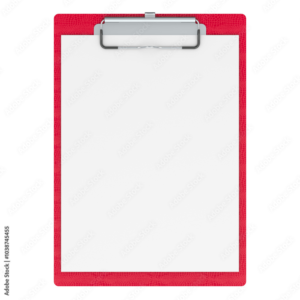 Poster red clipboard with blank a4 paper mockup, front view. 3d rendering isolated on transparent backgroun