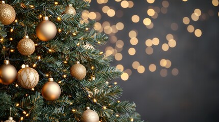 Fototapeta premium A beautifully decorated Christmas tree adorned with golden ornaments and glowing lights against a soft, blurred background.