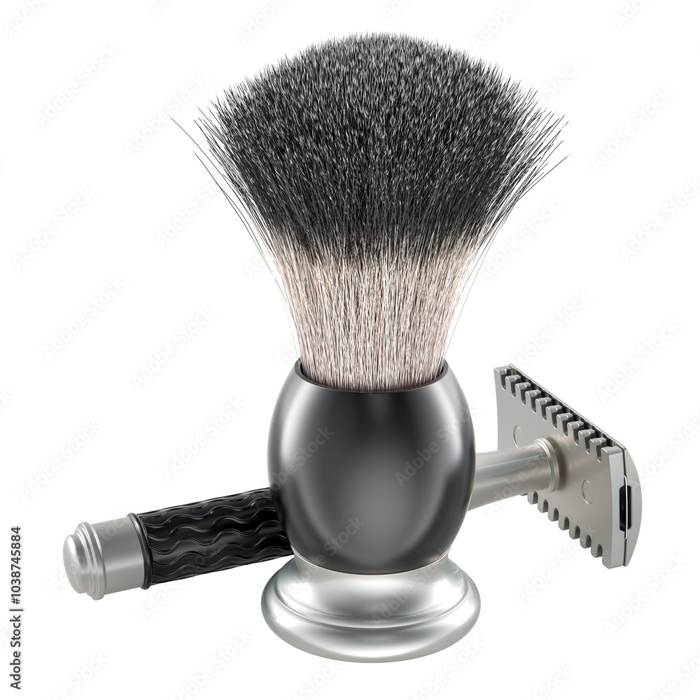 Poster adjustable double edge safety razor with shaving brush, 3d rendering isolated on transparent backgro