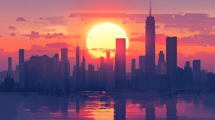 Fototapeta premium Vibrant Sunset Over City Skyline in Digital Art