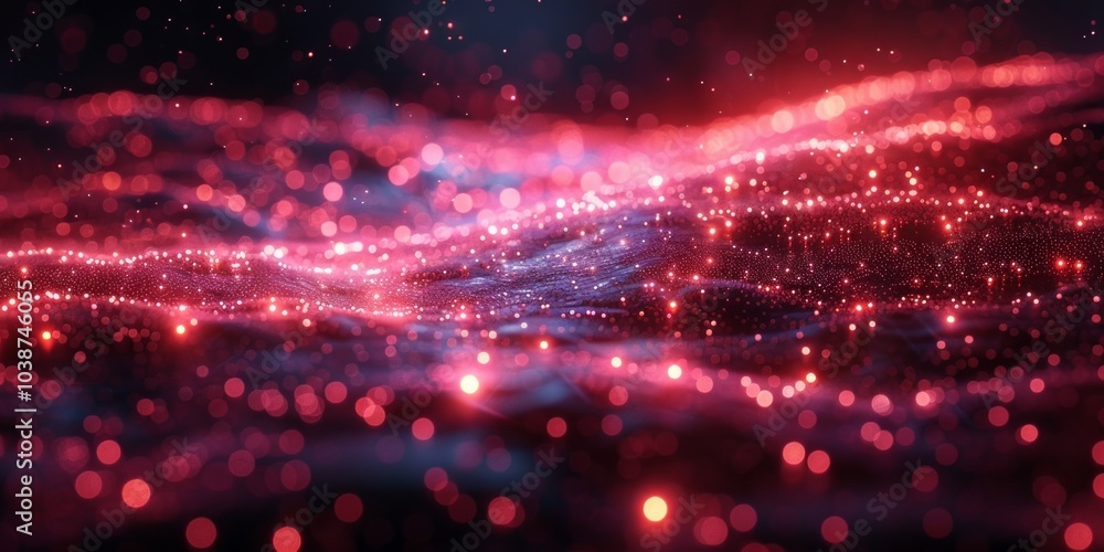 Poster abstract waves of glowing red particles creating a dynamic and futuristic digital landscape