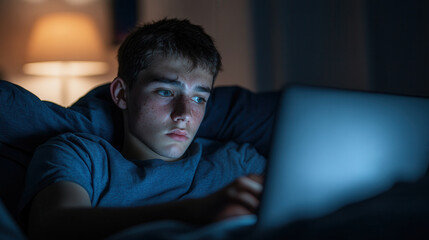 Fototapeta premium Young Employee Working Late at Laptop in Dim Light