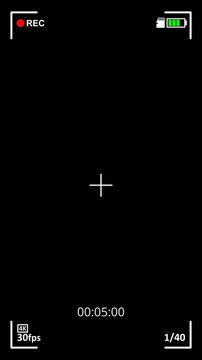 Camera recording screen vertical mobile overlay template, screen interface of video recorder digital display with timer. 4K quality in black background