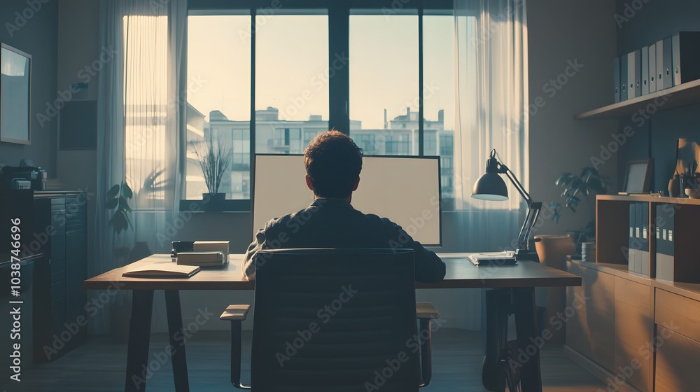 Poster man sitting at desk in office with blank computer screen