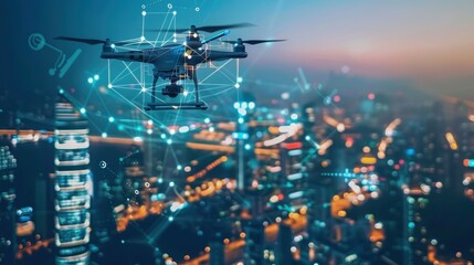 Obraz premium Autonomous Drone Flying Over Smart City at Dusk