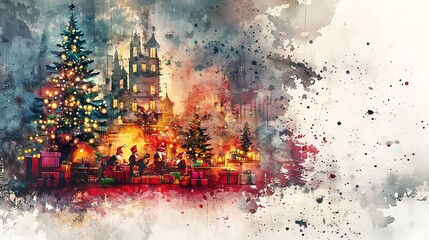 Fototapeta premium Festive Watercolor Santa's Workshop with Elves