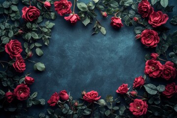 Bouquet of red roses forming a frame on a blue background © Michael