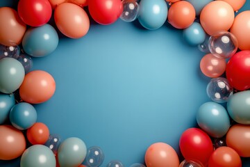 Colorful balloons forming a border on a blue background