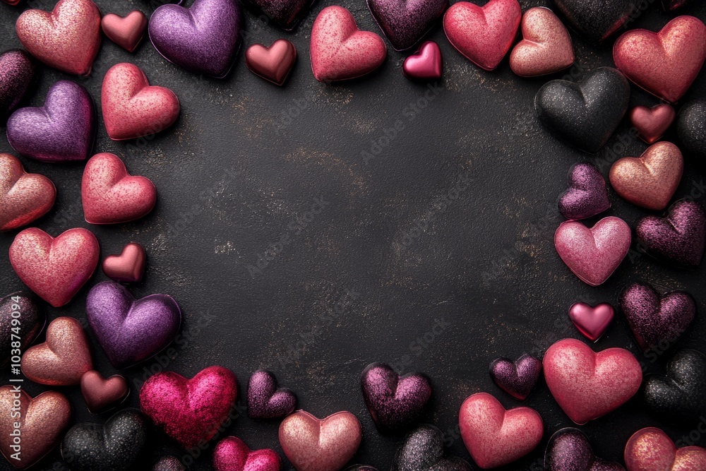 Poster many heart shaped chocolates creating a border on dark background