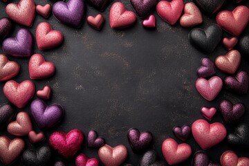 Fototapeta premium Many heart shaped chocolates creating a border on dark background