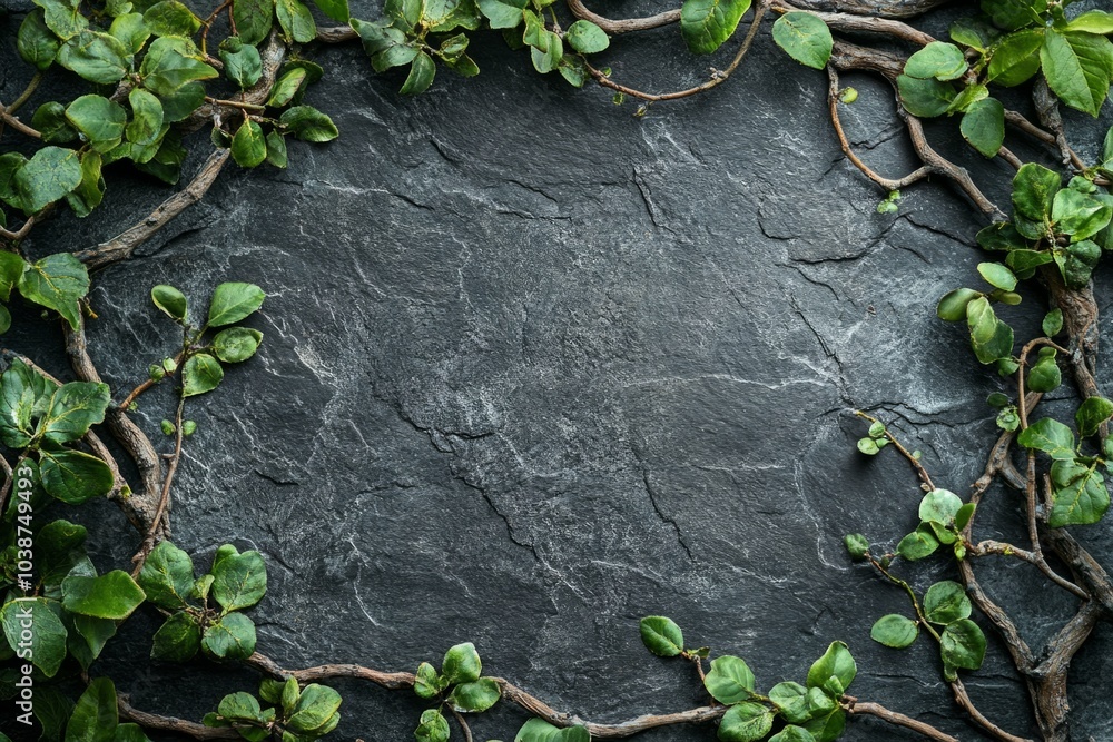 Poster green vines creating a frame on dark grey slate background