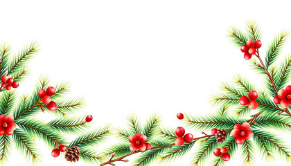 Christmas watercolor horizontal seamless pattern with fir tree branches, pine cones and holly berries isolated with white highlights, png