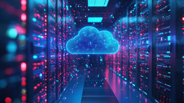 Futuristic Data Center with Glowing Cloud Icon and Holographic Background - Technology Concept