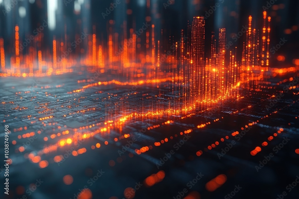 Poster glowing orange lines create an abstract digital data visualization at night